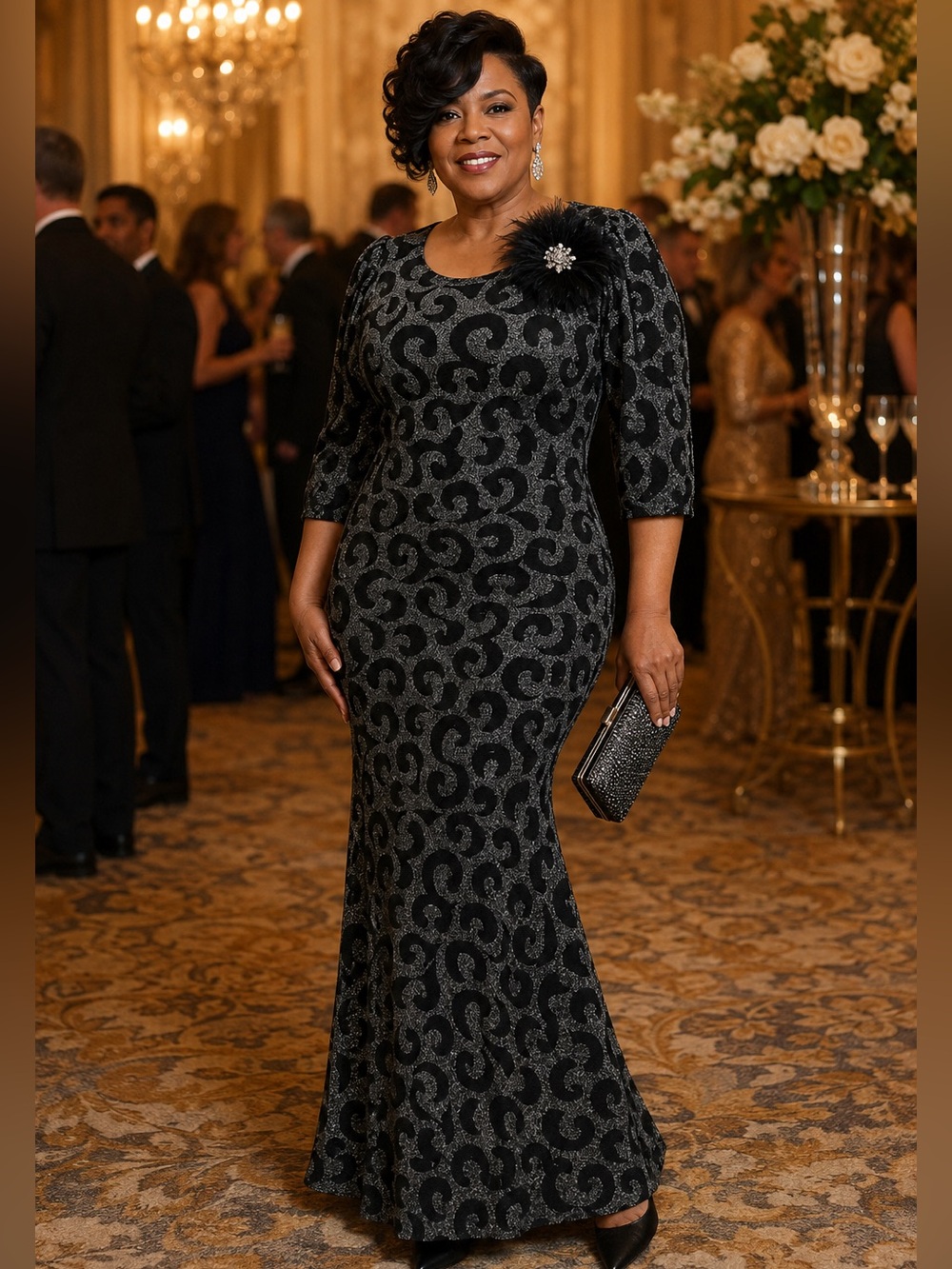 Goodtime Black & Silver Metallic Swirl Evening Gown‎ – 2X Long Formal Dress